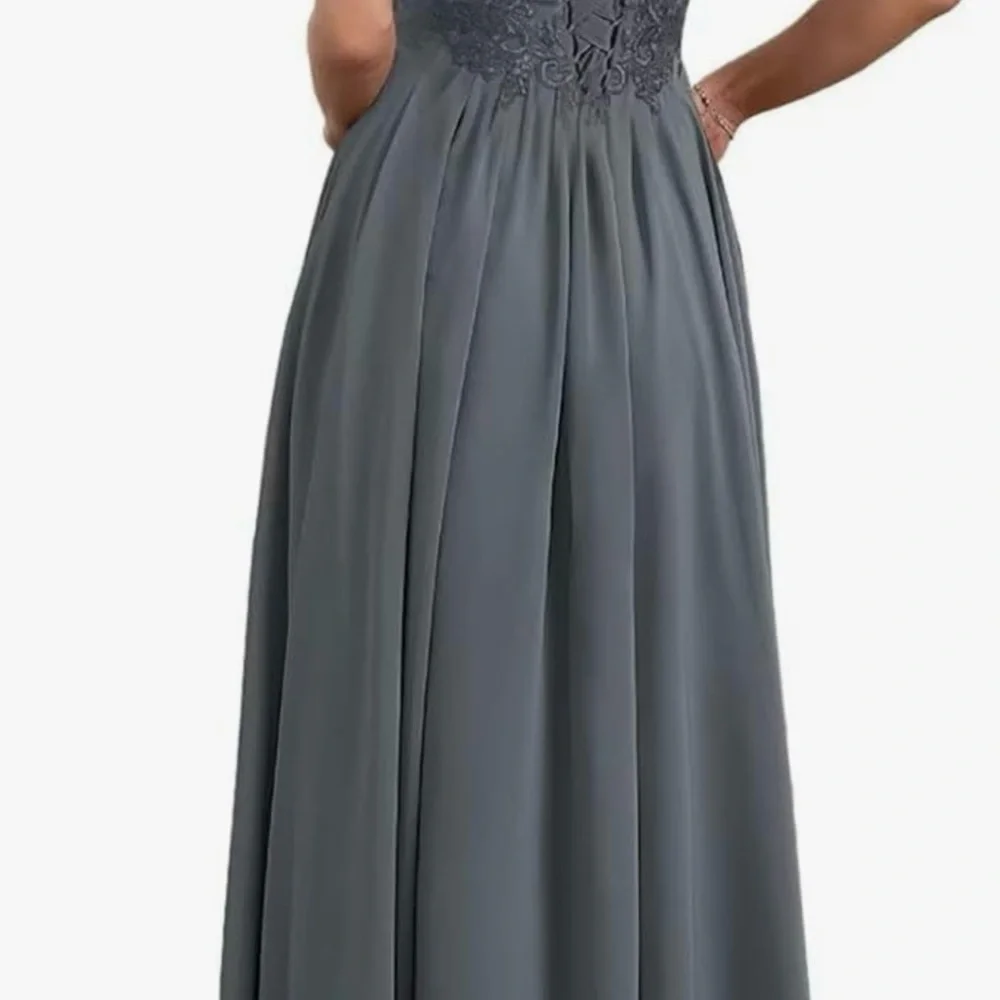 Dress Tea Length Lace Appliques V Neck Navy Blue Chiffon Short Sleeves sz 10 NEW - Picture 3 of 4